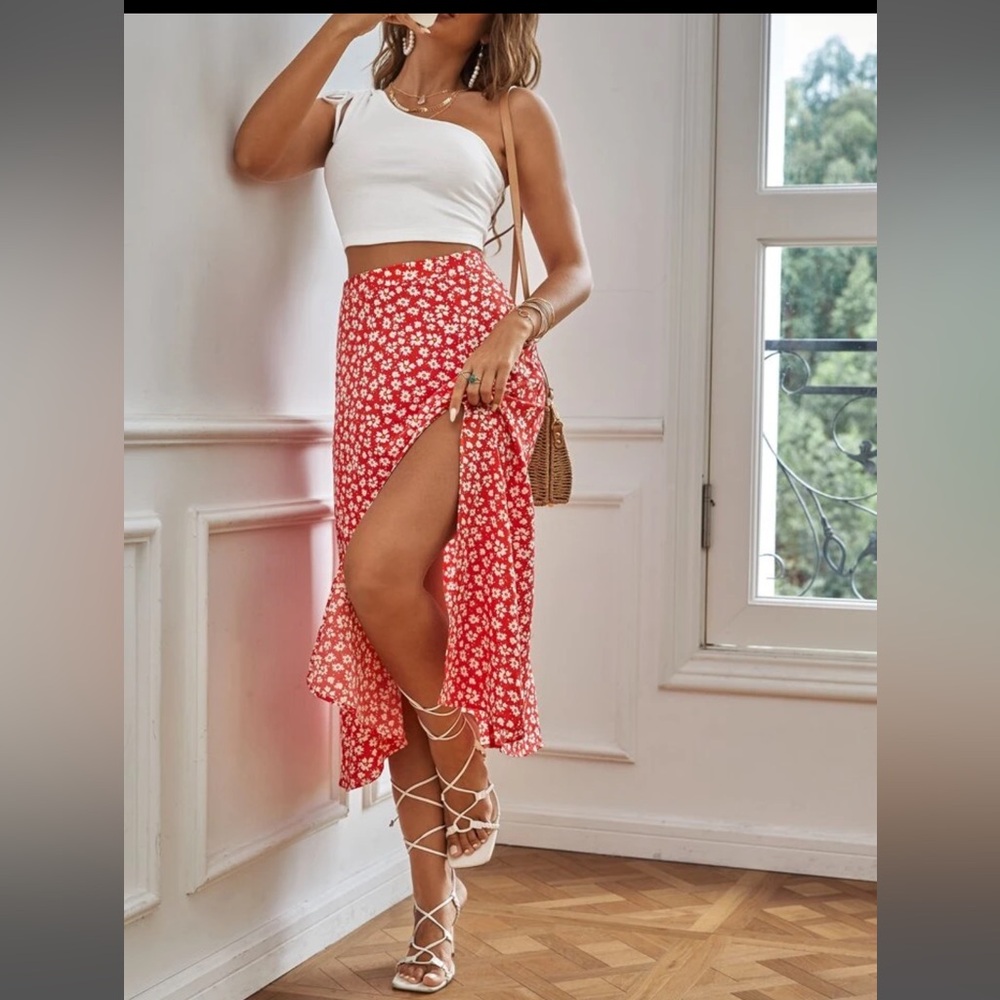Red floral skirt